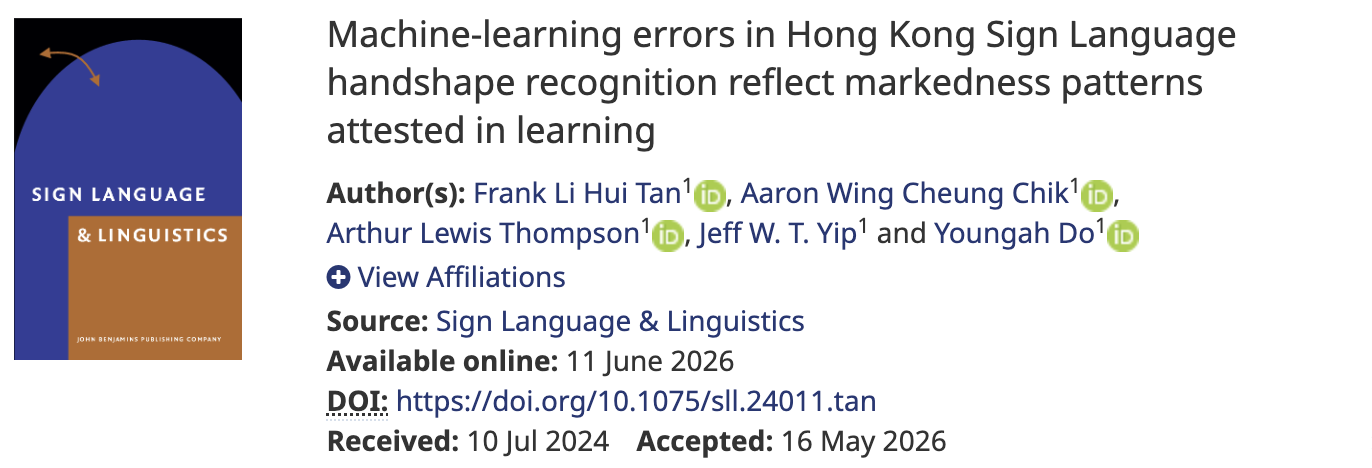 “Machine-learning Errors in Hong Kong Sign Language Handshape Recognition Reflect Markedness Patterns Attested in Learning” published in Sign Language & Linguistics